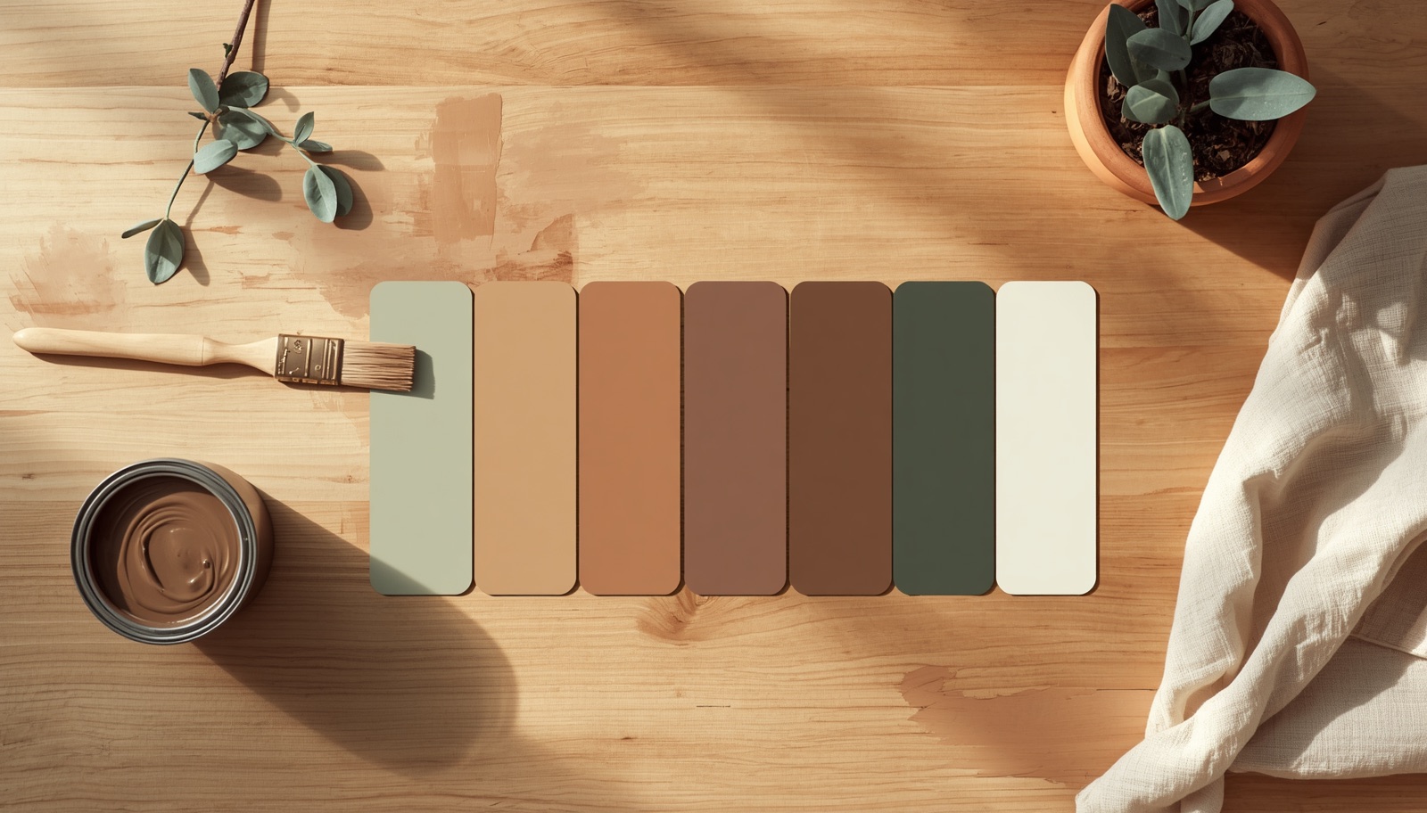 Vista cenital sobre una mesa de madera de pino natural con ocho muestras rectangulares de pintura alineadas en el centro — verde salvia, beige avena, terracota empolvado, marrón chocolate medio, marrón cacao oscuro, verde oliva profundo y blanco roto cálido — junto a un bote de pintura marrón cacao con brocha de mango de madera, una rama de eucalipto, una pequeña maceta de terracota con planta verde y una tela de lino crudo a la derecha, iluminado por luz natural cálida