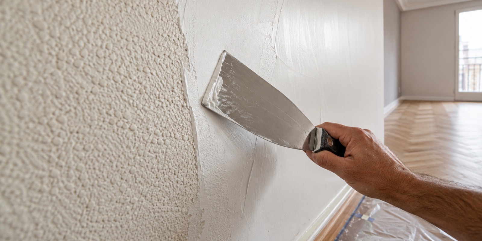 Pared de un piso de Madrid durante el alisado: a la izquierda zona con gotelé original, a la derecha la pared ya plastecida y lisa, con una espátula de pintor sobre el plaste húmedo