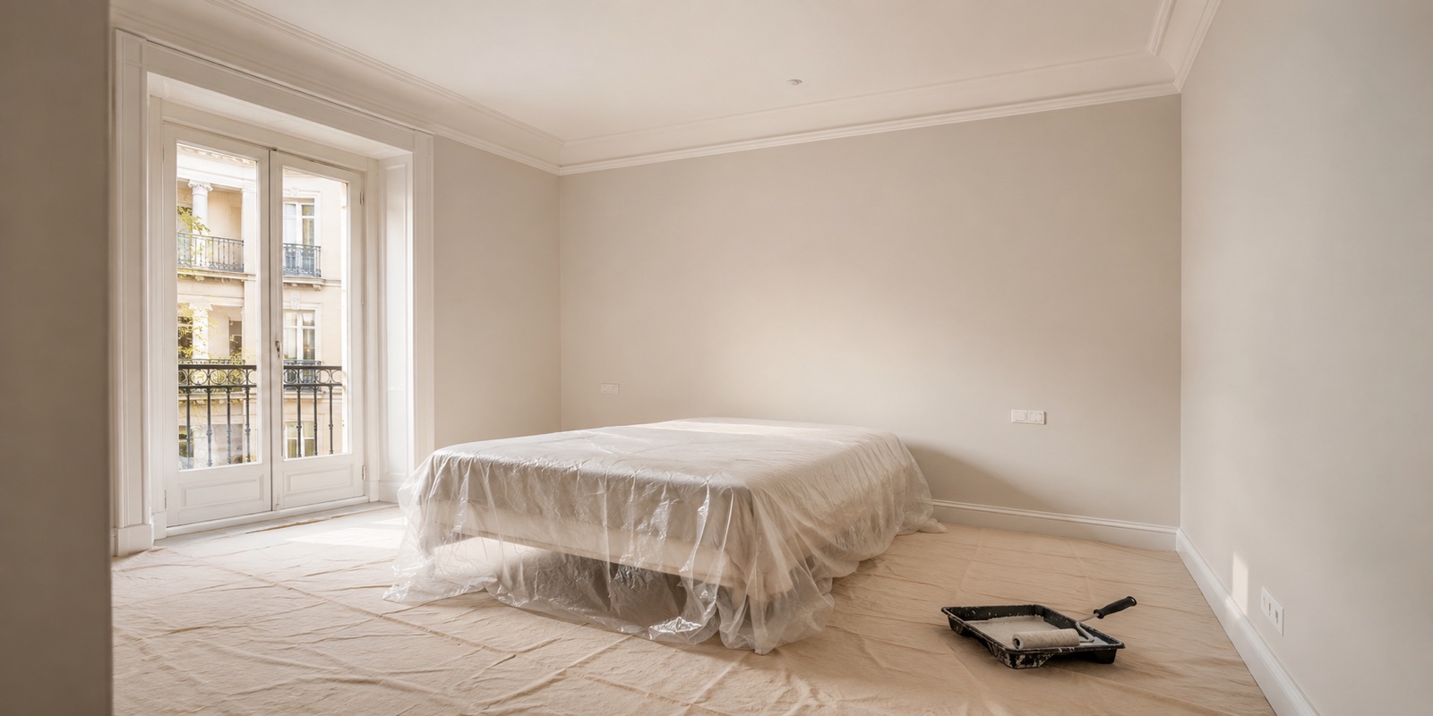 Dormitorio recién pintado en un piso de Madrid con paredes en tono neutro claro
