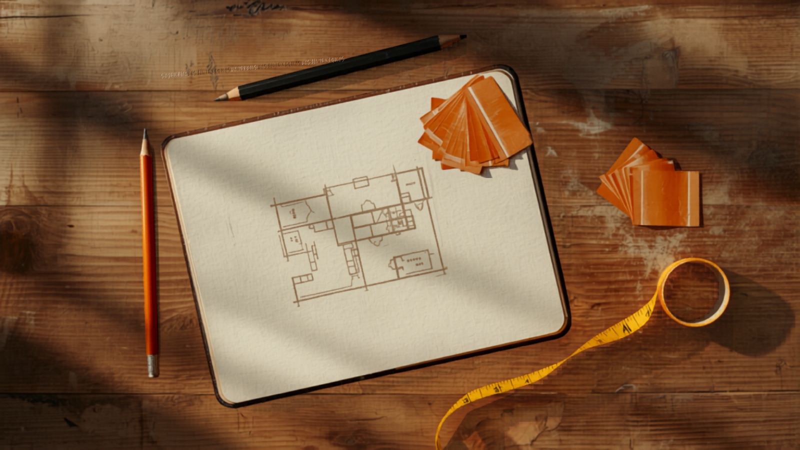 Cuaderno abierto de un pintor con el plano de un piso a lápiz, muestras de color y utensilios sobre un banco de madera