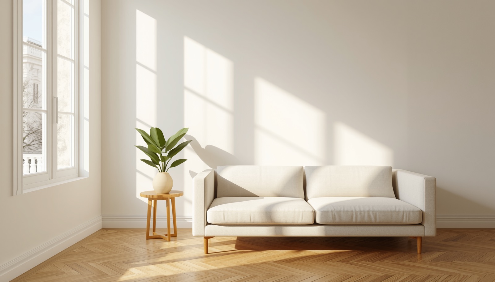 Salón luminoso recién pintado en blanco en un piso de Madrid, con sofá claro, suelo de espiga y luz natural entrando por un balcón