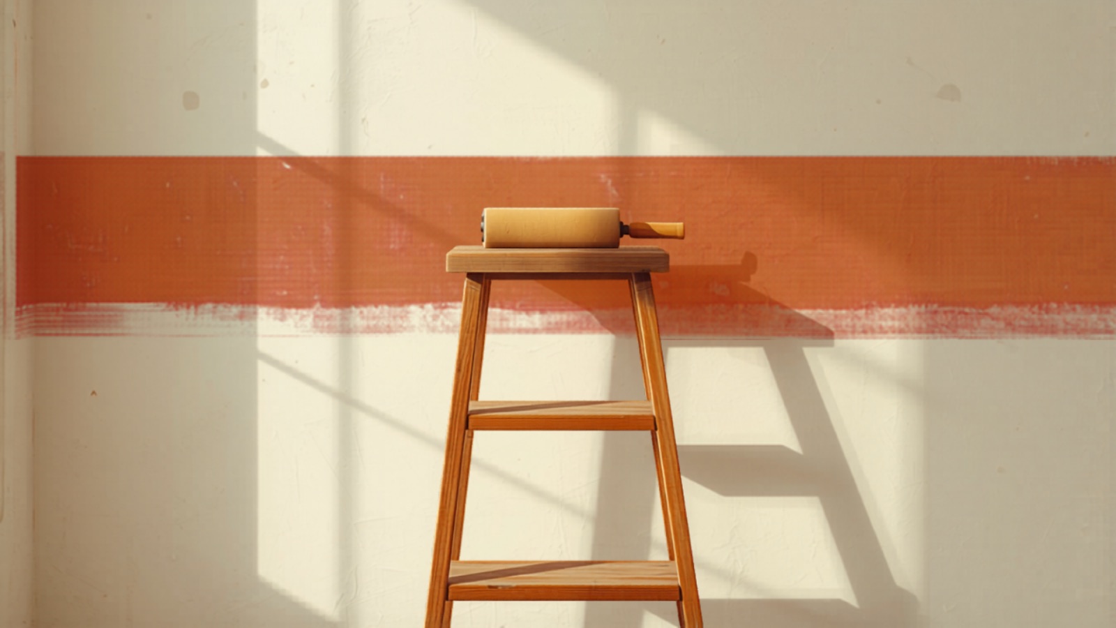 Escalera de tijera de madera con un rodillo descansando y una franja de pintura fresca en la pared de un piso madrileño