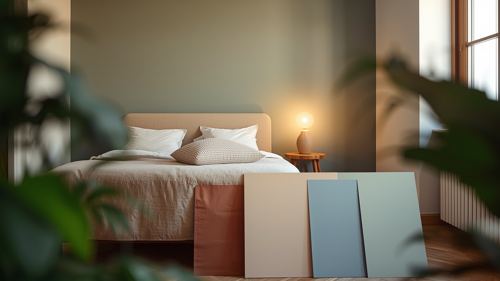 Dormitorio en un piso de Madrid con la pared del cabecero pintada en verde sage suave, cabecero de lino, mesilla con lámpara cálida encendida y muestras de color en terracota, beige, azul empolvado y verde apoyadas en el suelo