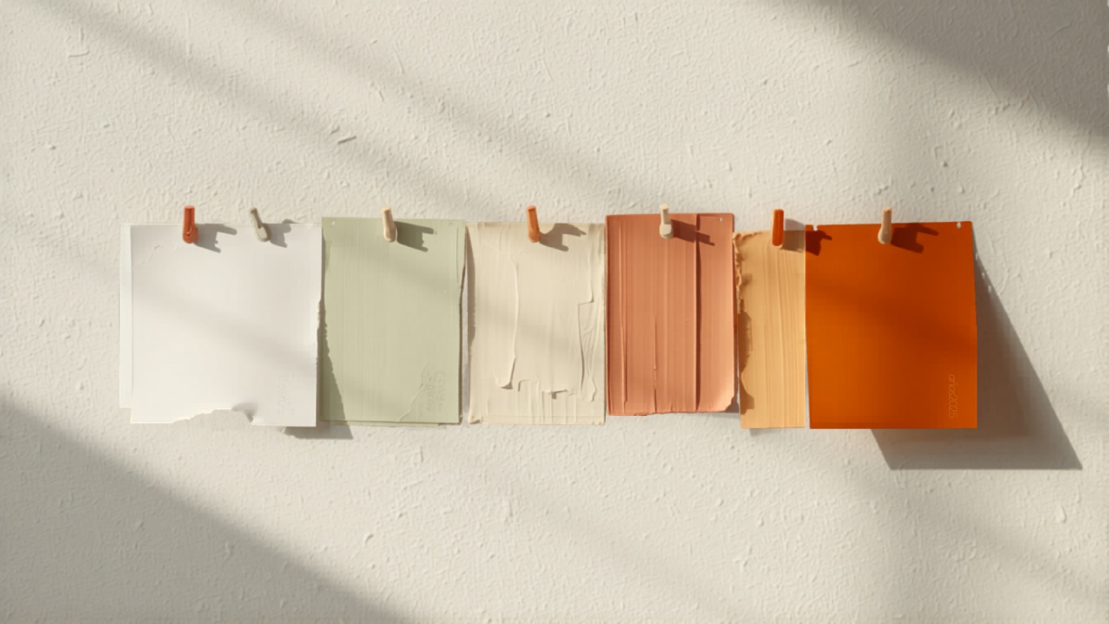 Paleta de muestras de color en tonos cálidos y neutros sobre una pared de un salón madrileño con luz lateral