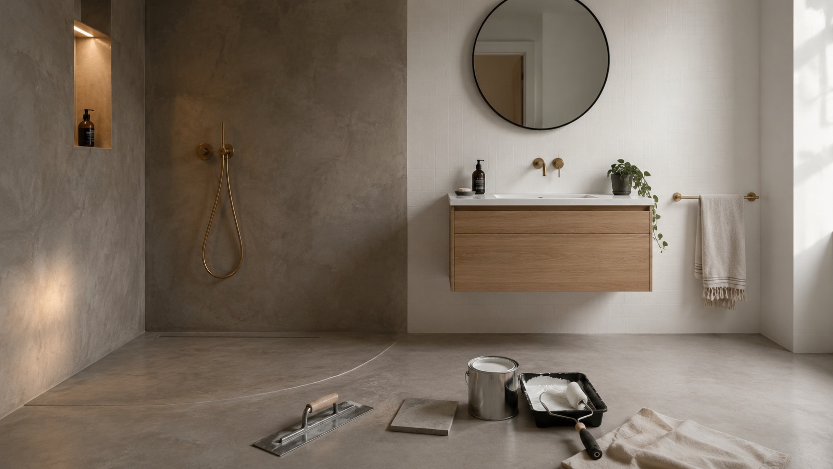 Baño moderno de Madrid dividido visualmente en dos mitades: a la izquierda una pared revestida de microcemento gris piedra continuo sin juntas que envuelve el plato de ducha de obra y se prolonga hasta el techo bajo una luz cálida lateral; a la derecha la misma pared en pintura plástica antihumedad blanco roto sobre alicatado pintado con un mueble de baño suspendido de roble claro, espejo redondo de marco negro y toallero de latón cepillado; en primer plano sobre el suelo de microcemento, una llana de acero, un bote de imprimación, un rodillo de pelo corto y una muestra de microcemento curándose junto a una bandeja de pintura blanca
