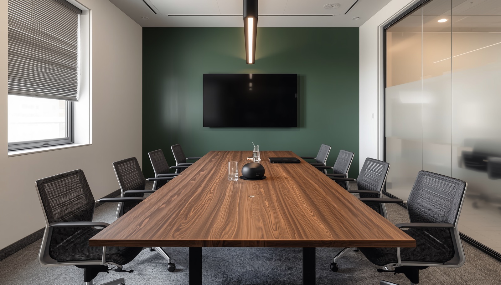 Sala de reuniones de una oficina corporativa en Madrid con pared ancla en verde bosque mate profundo detrás de la pantalla y resto de paredes en blanco roto cálido, mesa alargada de nogal con ocho sillas de malla negra, speakerphone en el centro y partición de cristal al lateral, con luz natural diurna entrando por una ventana con estor gris