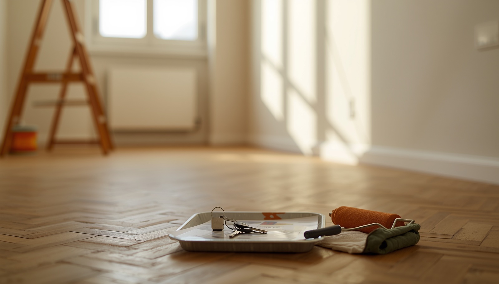 Piso vacío y recién pintado en Madrid, con suelo de parquet espigado, una bandeja con juego de llaves y un rodillo naranja en primer plano, y una escalera de madera junto al ventanal al fondo