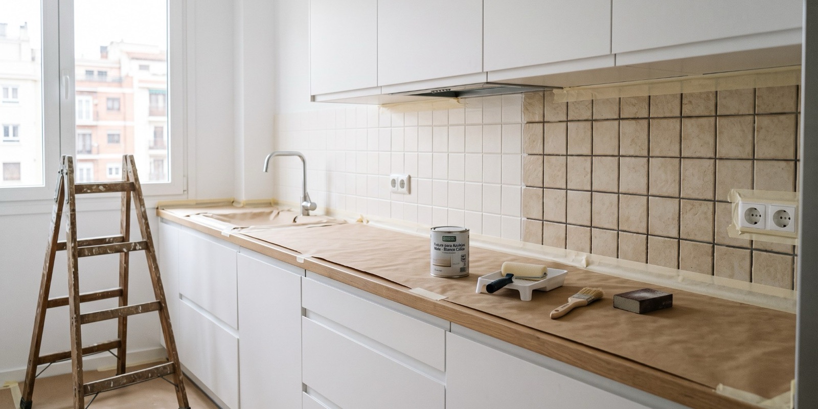 Cocina moderna de un piso de Madrid con el frente alicatado a medio pintar, una mitad en blanco cálido mate y la otra con el azulejo beige original, la encimera cubierta con papel protector y cinta de carrocero, y una escalera de madera de pintor