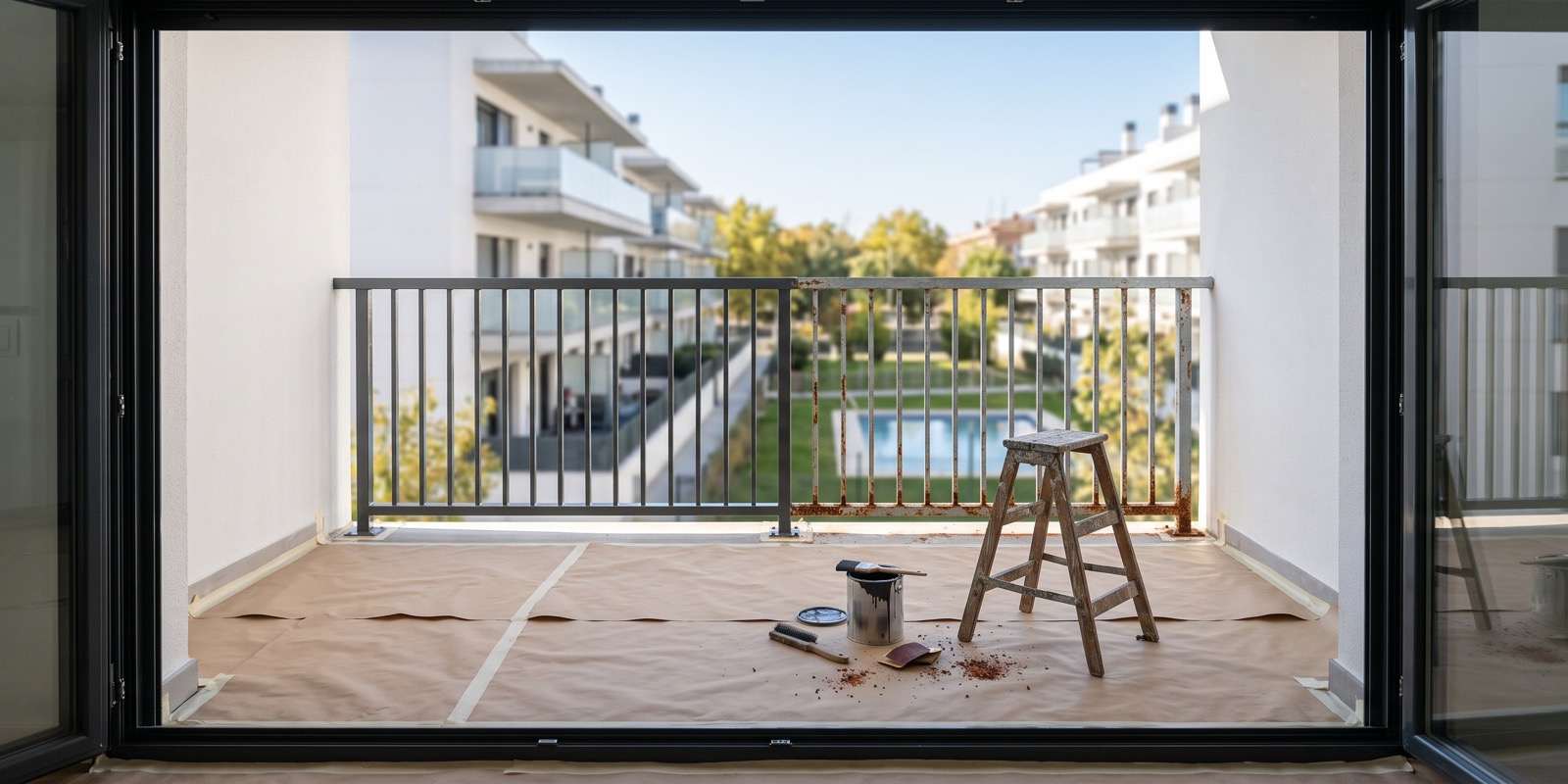 Barandilla de terraza a medio pintar en un piso de obra nueva: la mitad izquierda ya en gris antracita y la derecha con óxido, con el suelo cubierto de papel protector, escalera de madera, bote de esmalte, cepillo de púas y lija