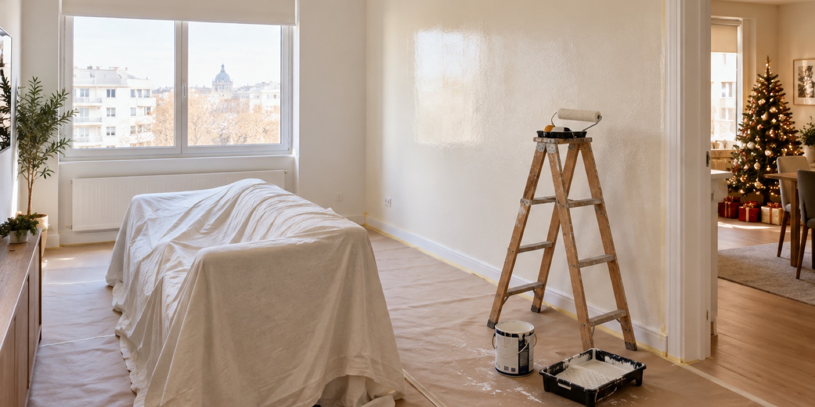 Salón de un piso de Madrid en pleno repintado antes de Navidad, con escalera de madera de pintor, papel protector cubriendo el suelo y rodapiés enmascarados con cinta