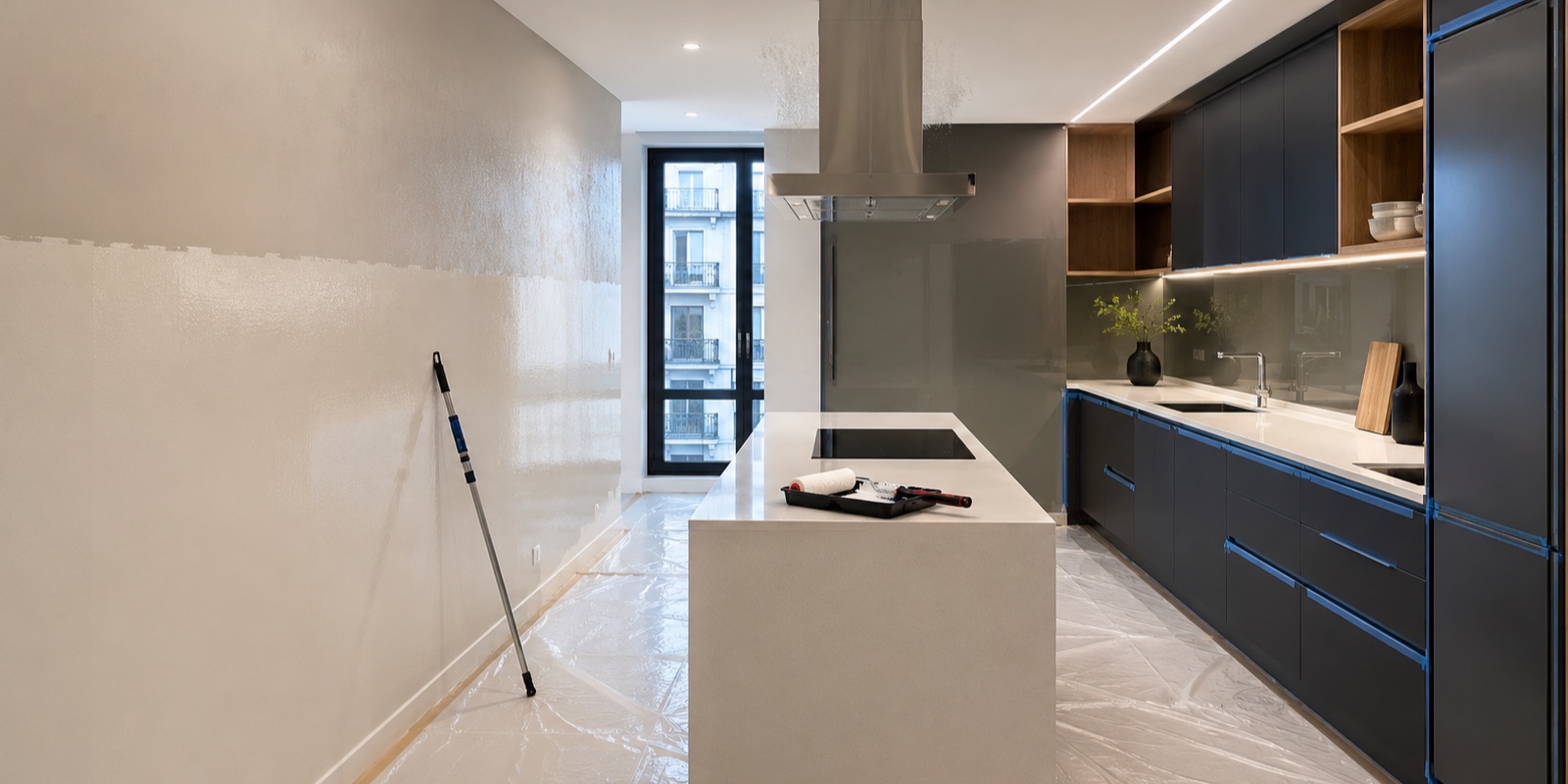 Cocina de un piso de Madrid recién pintada en blanco satinado, con la campana extractora vista y la pared detrás del fregadero limpia y sin manchas