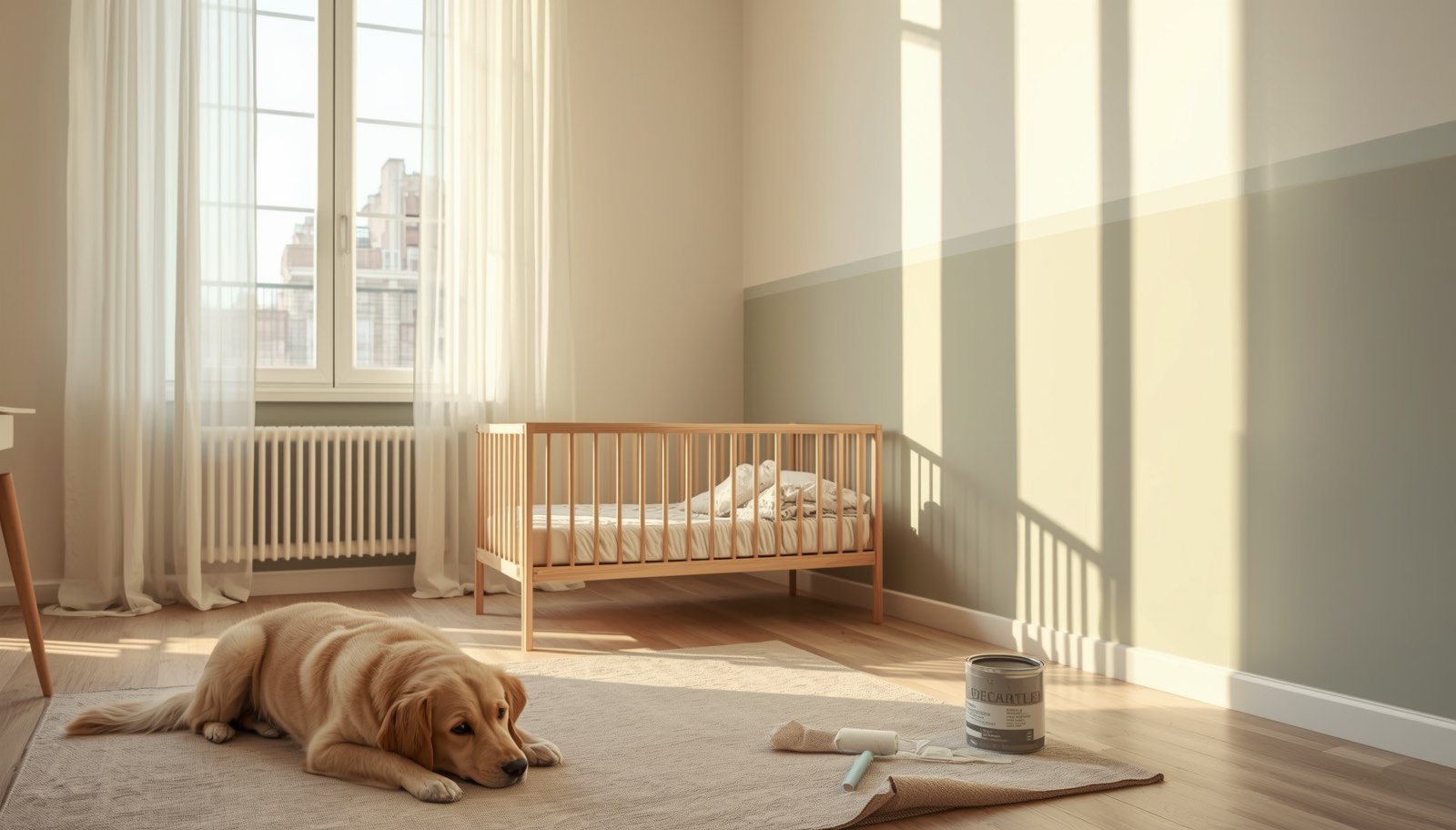 Habitación infantil recién pintada en una vivienda de Madrid: cuna de madera, pared con franja inferior verde salvia, luz cálida entrando por una ventana alta y un perro tumbado tranquilo sobre la alfombra