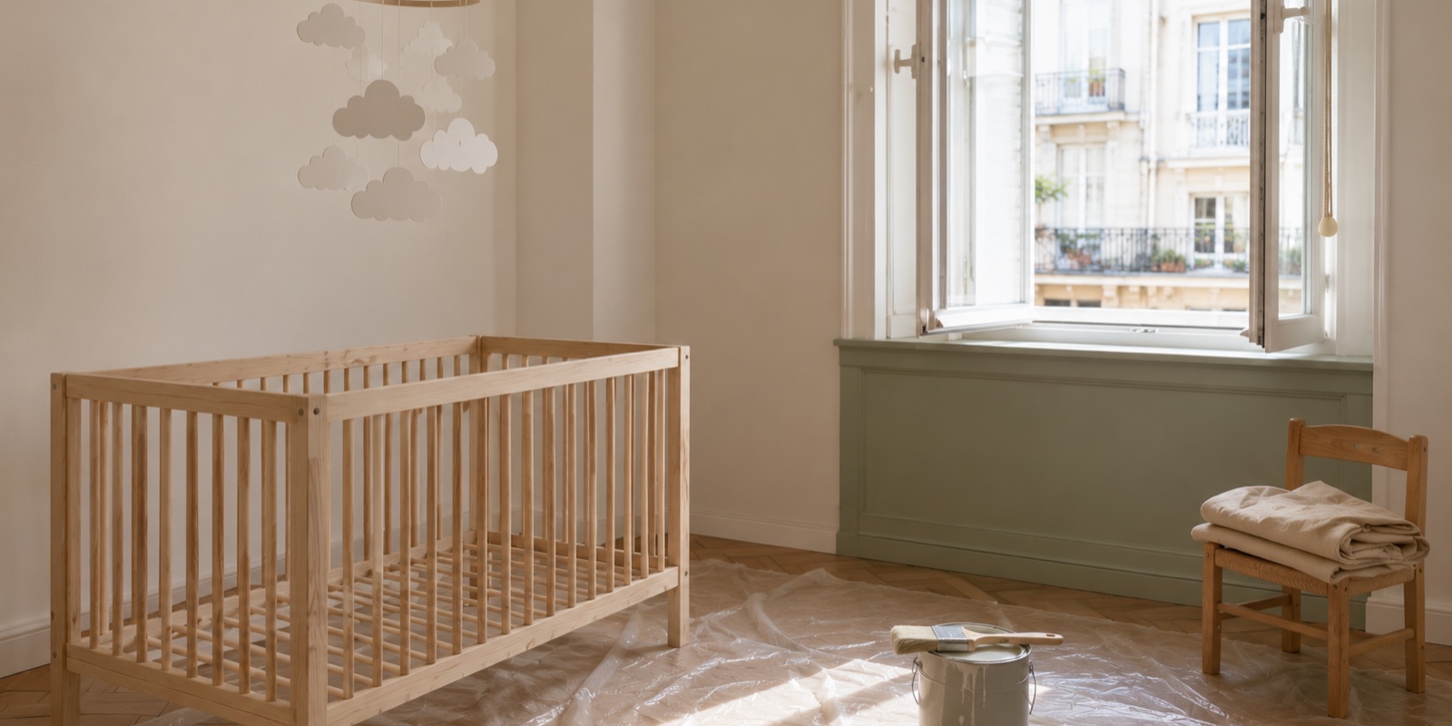 Habitación infantil con suelo de espiga y paredes en blanco roto, cuna de pino claro, móvil de nubes de fieltro colgado del techo, ventana abierta al exterior con balcón haussmaniano, repisa pintada en verde sage y cubo de pintura con brocha apoyado sobre plástico de protección