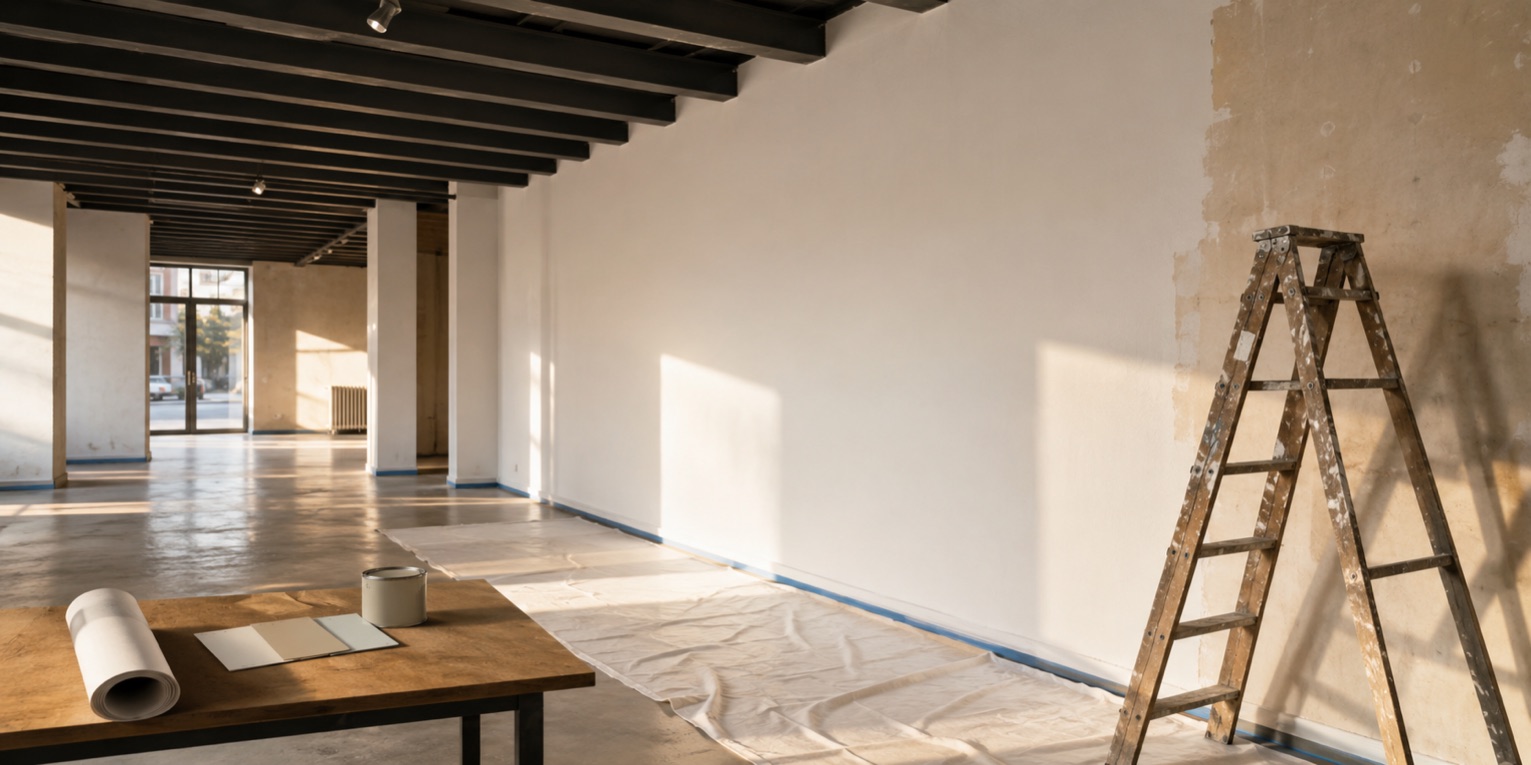 Local comercial vacío en Madrid en pleno proceso de pintado, con vigas de madera oscura en techo, una pared larga ya con primera mano blanca, escalera de madera de pintor a la derecha junto a pared con plaste todavía sin terminar, lona de protección extendida sobre el suelo con cinta azul de carrocero, mesa de trabajo con cartas de color, brocha y bote de pintura en primer plano y escaparate al fondo dando a una calle de Madrid