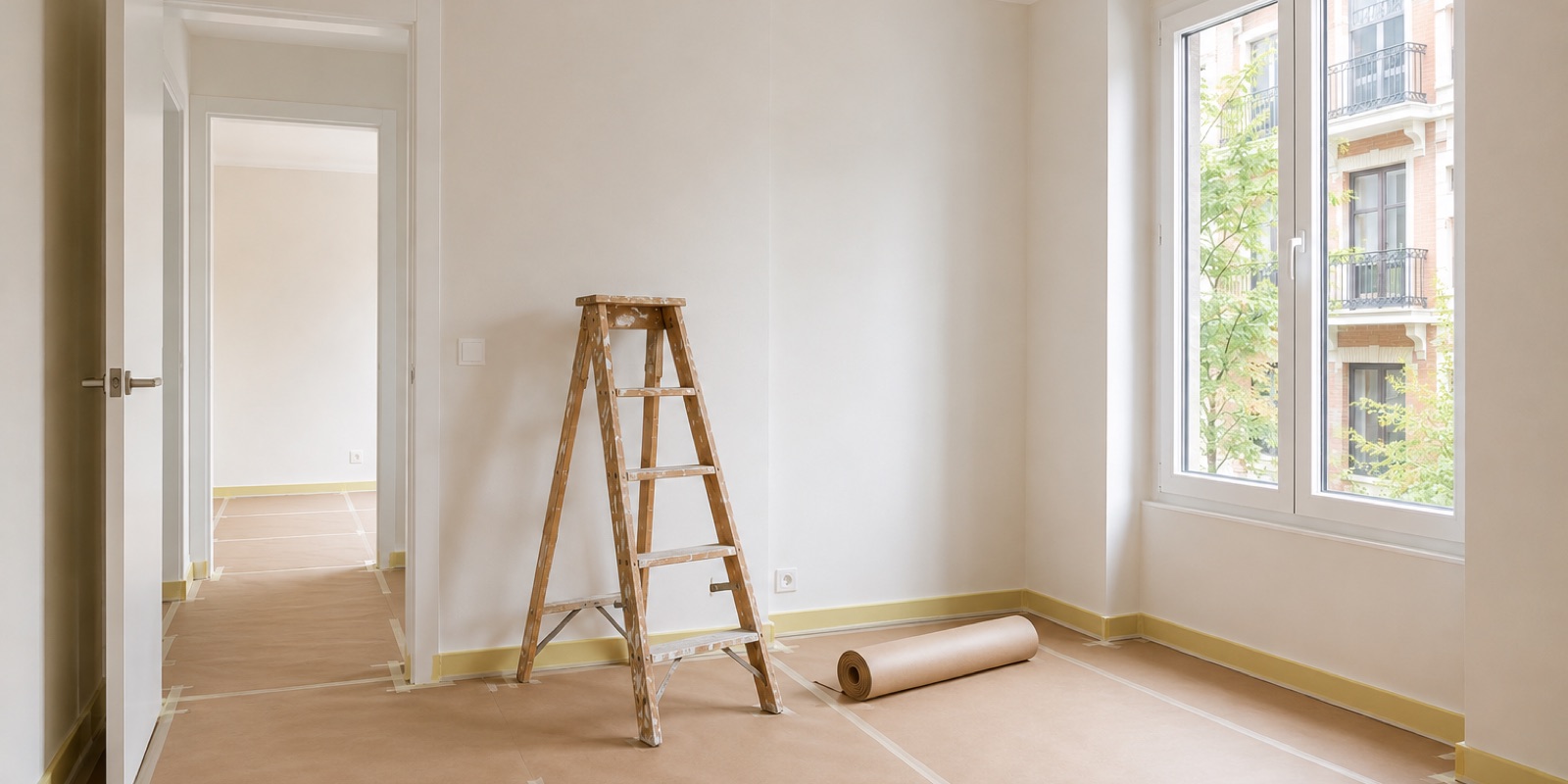 Salón recién pintado en blanco de un piso de alquiler en Madrid, con sofá claro y suelo de madera en espiga