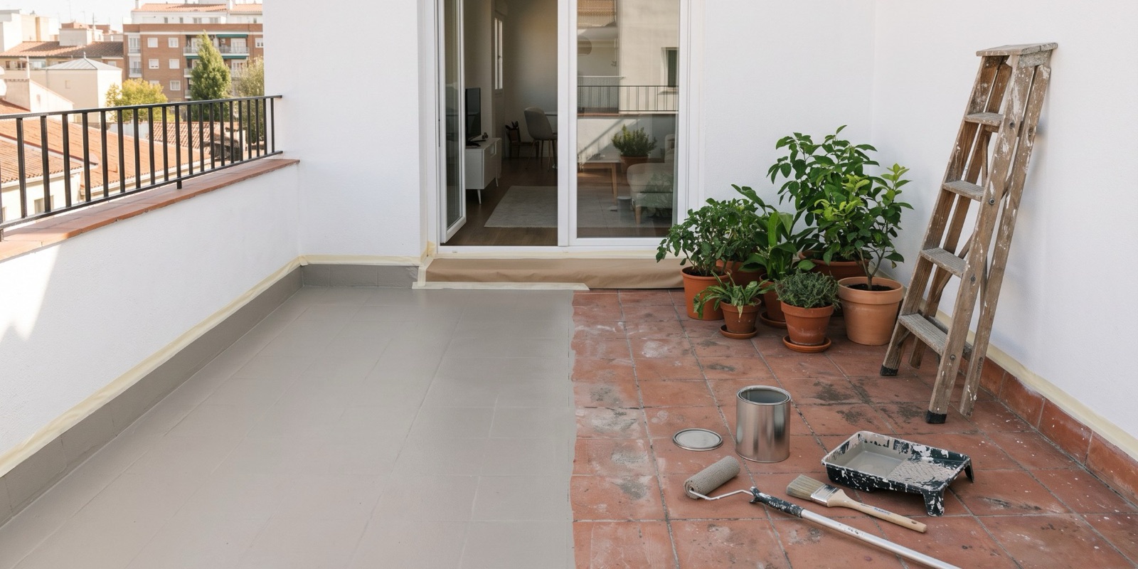 Terraza de un piso de Madrid con el suelo a medio pintar: una mitad ya pintada en gris piedra y la otra con la baldosa de barro vieja y manchada; cinta de carrocero en el rodapié, papel protector en la puerta, macetas apartadas, escalera de madera, rodillo de mango largo, cubeta y bote de pintura