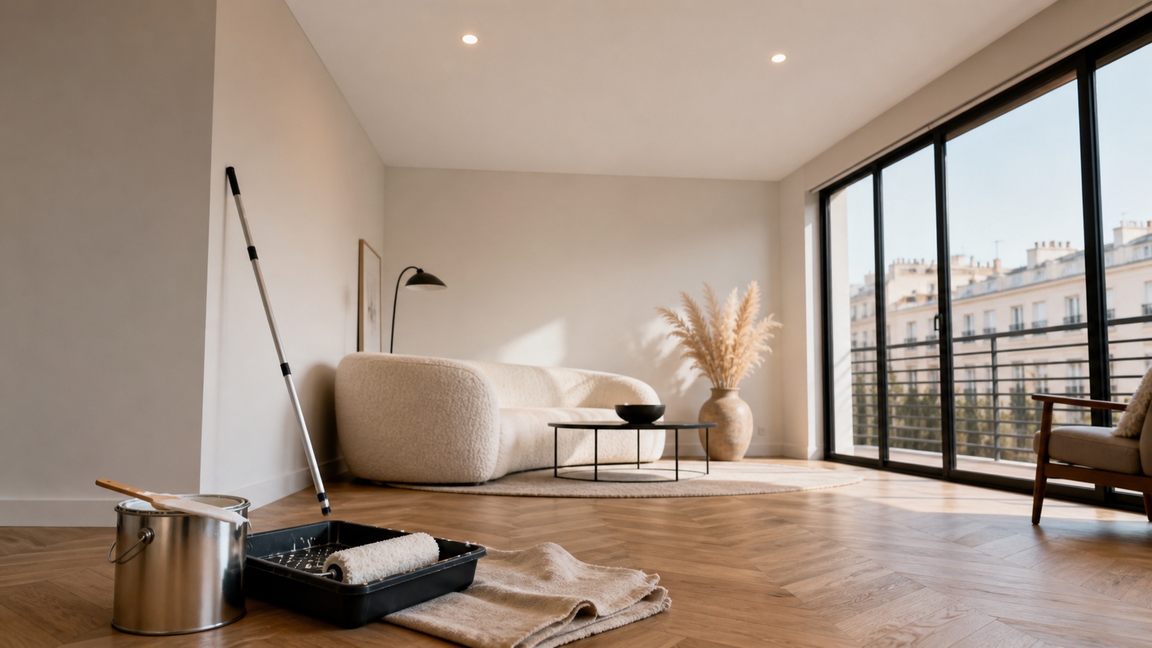 Salón moderno y luminoso de un piso de Madrid con techo blanco mate recién pintado y dos focos LED empotrados, sofá curvo de bouclé color crema sobre alfombra redonda, mesa baja negra, jarrón cerámico con pampas secas y ventanal corrido al balcón con barandilla horizontal negra; en primer plano sobre el suelo de parquet espigado, un bote metálico de pintura con palo de remover, una bandeja con rodillo de pelo largo y una lona de lino doblada, y un palo telescópico apoyado contra la pared