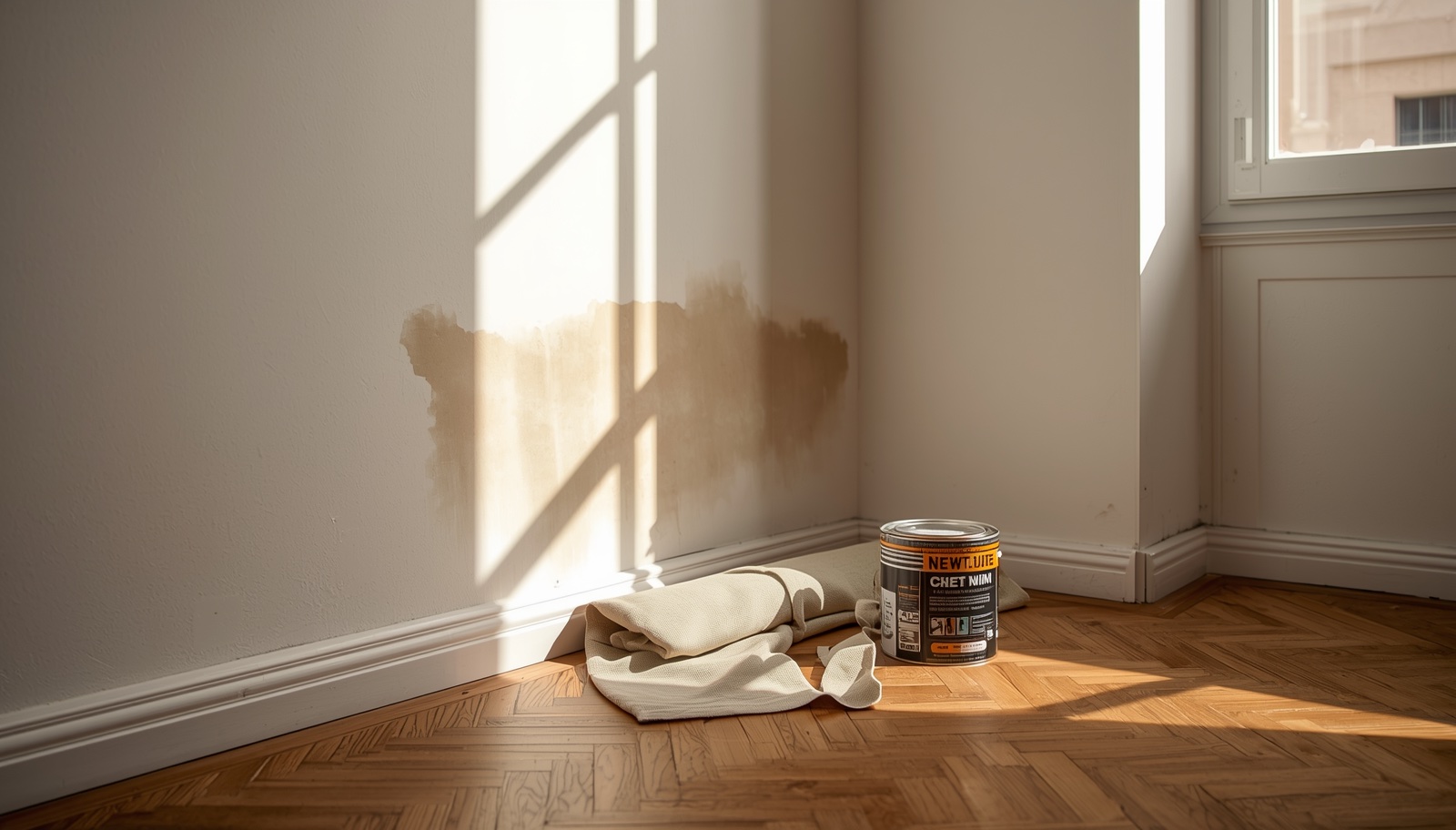 Pared interior de una vivienda de Madrid con una mancha de humedad cerca del rodapié, con un bote de pintura y una lona de protección en primer plano sobre suelo de parquet espigado