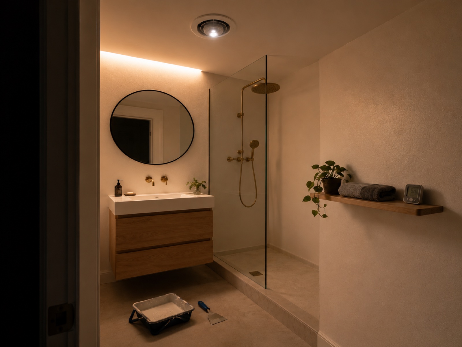 Baño interior sin ventana de una vivienda de Madrid recién pintado con techo y pared fría tratados en pintura anticondensación blanco roto y el resto del paramento en plástica antimoho satinada lavable; extractor empotrado en marcha en el techo, espejo redondo con marco negro sin gotas de condensación, mueble suspendido de roble claro, plato de ducha de obra y una repisa con un higrómetro digital marcando 58 % de humedad bajo luz cálida de tarde