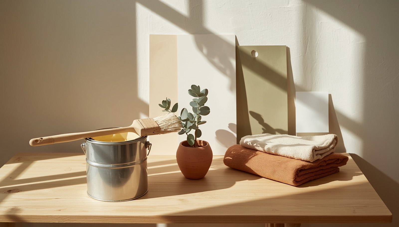 Bodegón con luz natural sobre una mesa de madera de pino: cubo de pintura metálico con pintura crema y brocha de cerdas naturales apoyada encima, pequeña maceta de terracota con eucalipto, muestras de color en beige y verde sage apoyadas en la pared y dos toallas de lino dobladas en crudo y terracota