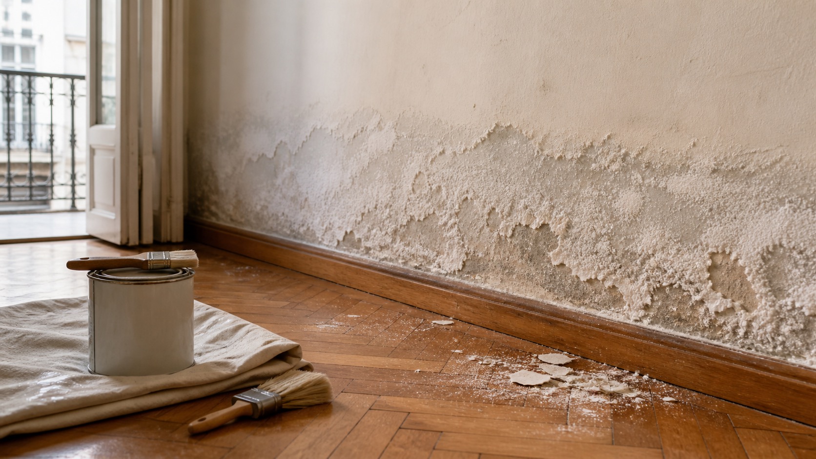 Pared interior de una vivienda antigua en Madrid con una franja horizontal de humedad por capilaridad subiendo desde el rodapié, eflorescencias blancas y pintura descascarillada cayendo sobre suelo de parquet espigado, con un bote de pintura, una brocha y una lona de protección en primer plano y un balcón con barandilla de hierro al fondo
