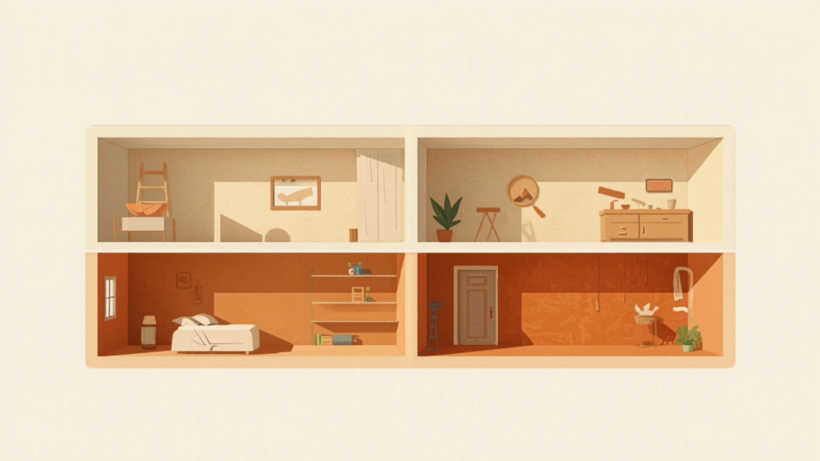 Ilustración editorial de las habitaciones de un piso en Madrid, cada una con un acabado de pintura distinto