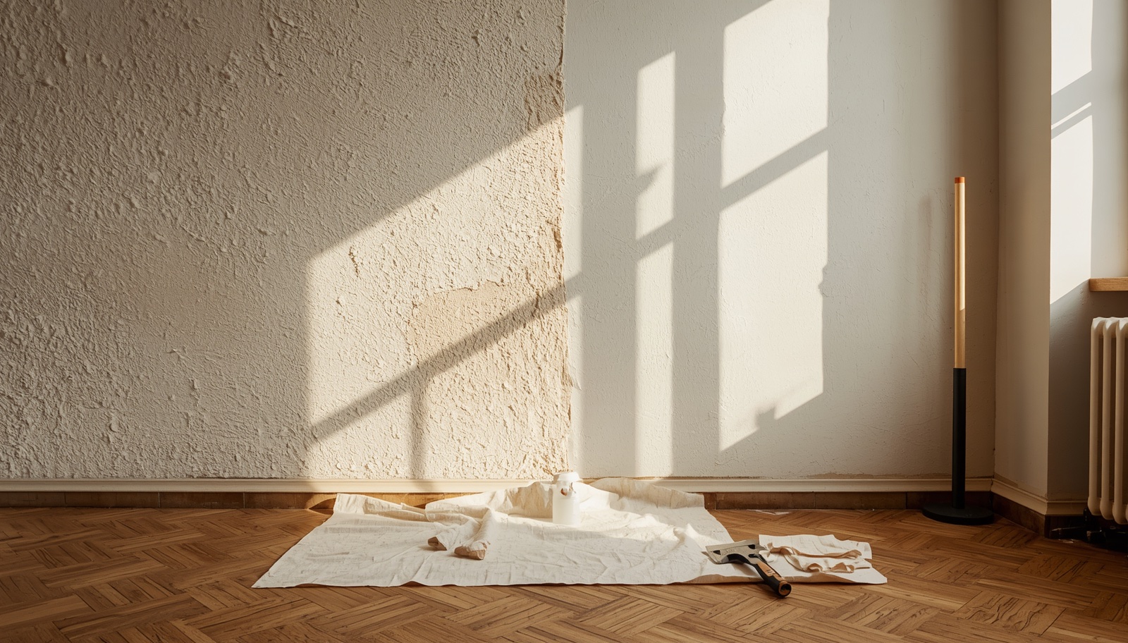 Pared de un piso de Madrid durante la retirada del gotelé: a la izquierda textura granulada original, a la derecha la pared rascada y lisa, con una espátula y una lona de protección sobre suelo de parquet espigado