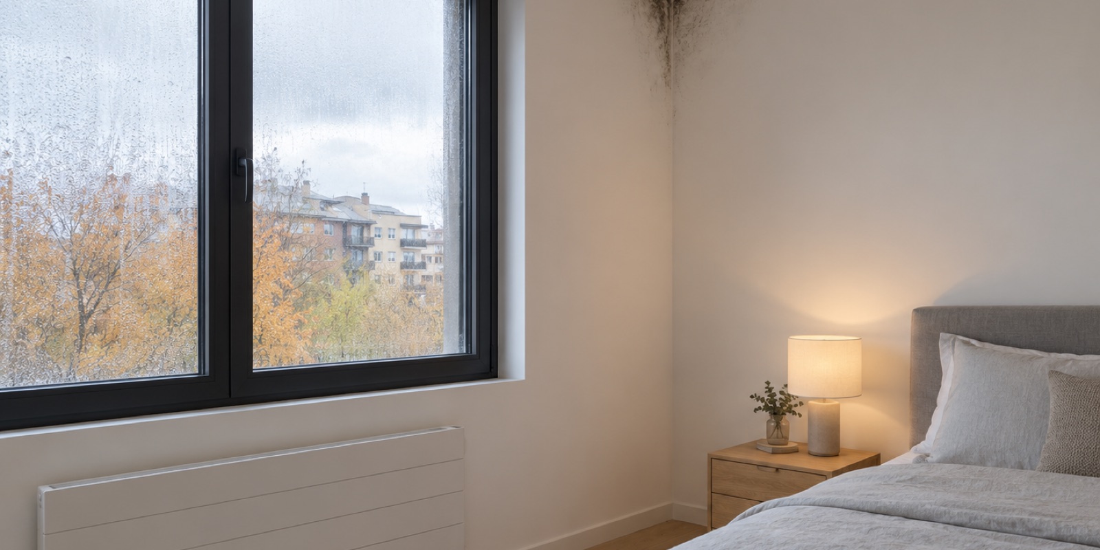 Pared interior de una vivienda de Madrid con manchas de humedad y moho junto al rodapié, con un bote de pintura y una lona de protección sobre suelo de parquet antes de tratar y repintar